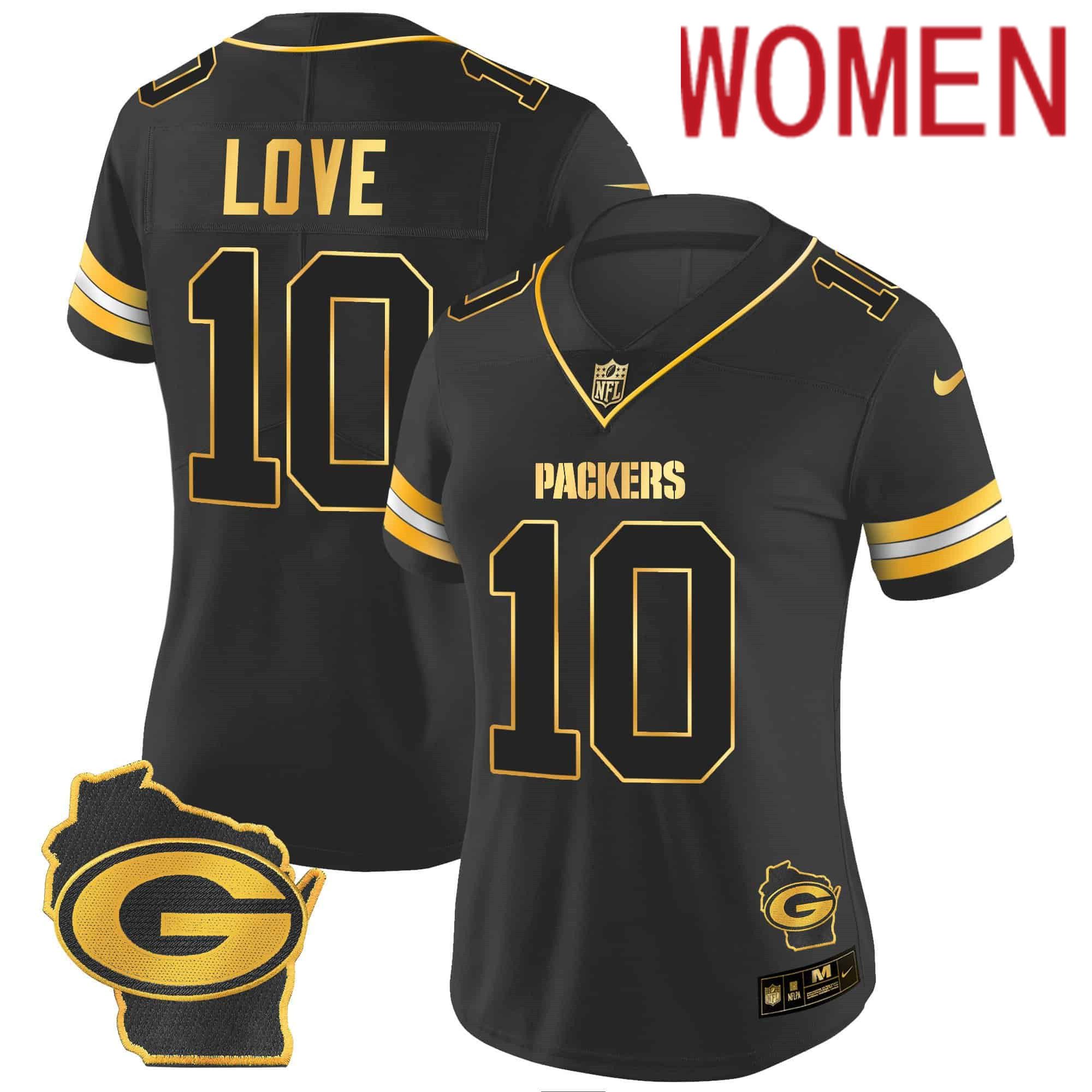 Women Green Bay Packers #10 Love Black Gold 2024 Nike Home Patch Vapor NFL Jersey style 2->customized nfl jersey->Custom Jersey